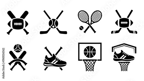 Set of black minimalist sports icons featuring basketball football hockey and tennis equipment for athletic branding and UI design