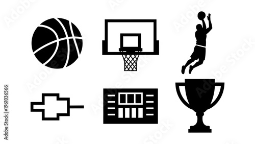 Basketball icon set featuring player silhouette hoop ball scoreboard and trophy for sports branding