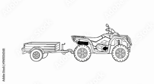 A black and white line drawing of a four-wheeled ATV towing a small utility trailer