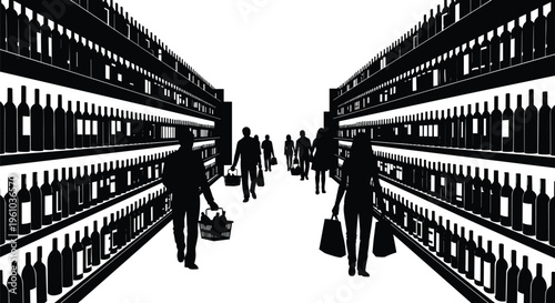 Black and white vector silhouette illustration of a busy supermarket aisle with people shopping for wine and liquor bottles carrying shopping bags and baskets.
