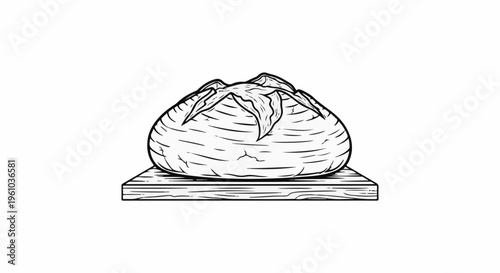 Line art drawing of a round loaf of bread with scoring on a wooden board