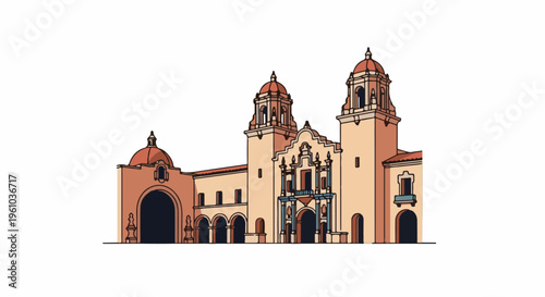 Illustrated Spanish Colonial building with domes and arches