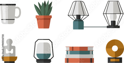 A collection of illustrated domestic items including a mug, potted plant, and lamp
