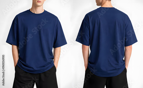 Navy blue oversized t-shirt mockup with front and back views on model, clean studio template for apparel branding, print design, and fashion presentation.