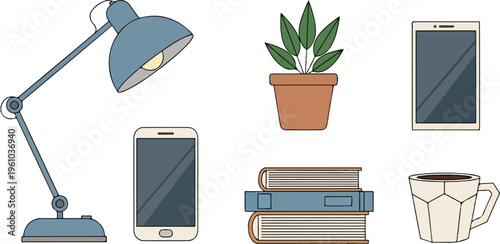 A desk setup with a lamp, plant, phones, books, and coffee