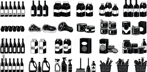 Comprehensive black and white vector icon set of supermarket groceries, featuring wine bottles, milk cartons, raw meat, canned food, cleaning supplies, and shopping baskets.