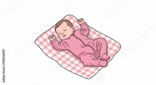 Illustration of a baby sleeping soundly on a pink checkered blanket