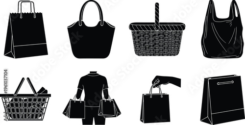 Comprehensive collection of black vector silhouette icons featuring various retail shopping bags, wire supermarket baskets, woven picnic baskets, and a person carrying consumer purchases.