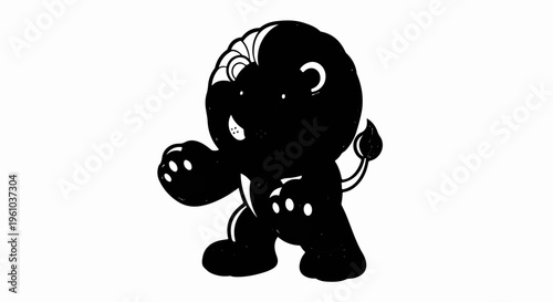 A cartoon black lion with a fluffy mane stands with its paw raised