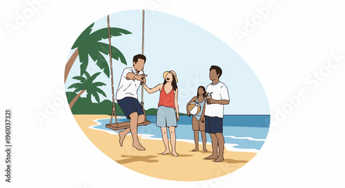 Friends enjoying a sunny day at the beach with swings and drinks