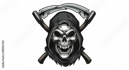 Frightening skull in dark hood with crossed scythes, menacing grin