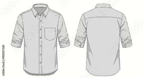 Front and back view illustration of a light gray button-up collared shirt