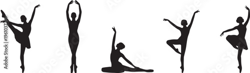 Silhouettes of five dancers in various ballet poses