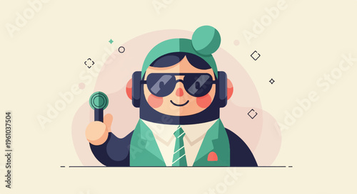Animated character with headphones and microphone, cool sunglasses, a hat