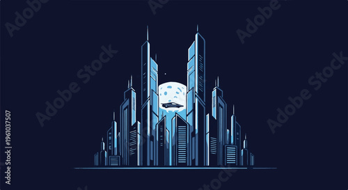Futuristic city skyline with a vehicle flying past a large moon