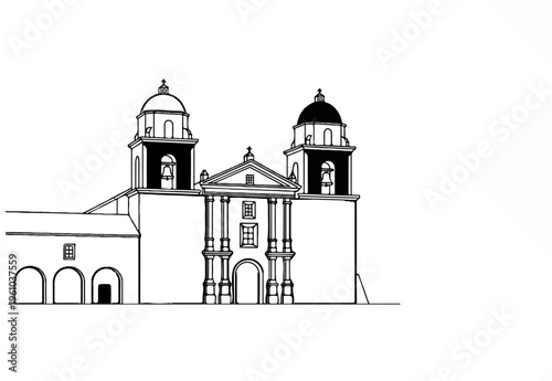 Architectural sketch of a historic building with twin domes and bell towers