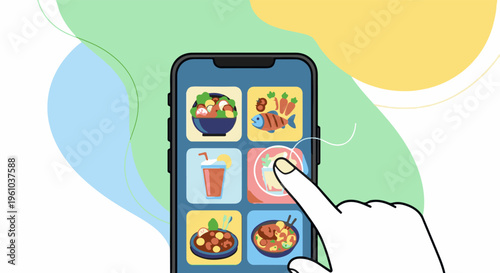 Finger touching phone screen displaying food icons in a grid