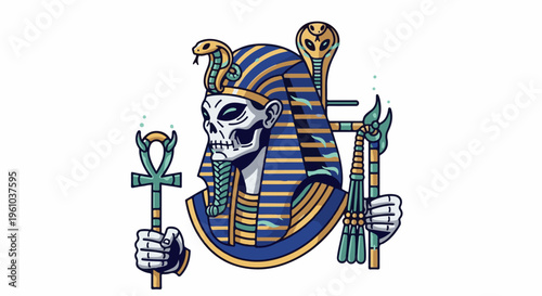 Egyptian pharaoh skull adorned with cobras and regal symbols