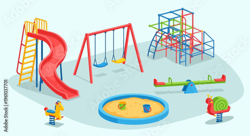 Colorful playground with swings slide and climbing frame on sunny day for kids