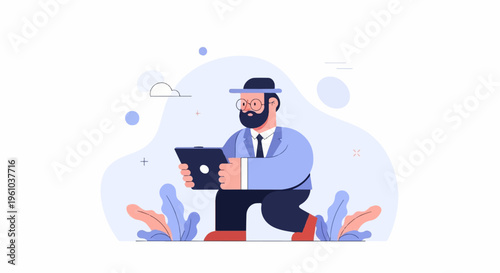 Bearded man in suit and hat kneels with tablet, surrounded by abstract shapes and plants