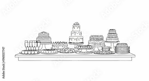 Elaborate dessert buffet with tiered cakes, pastries, and glasses of champagne