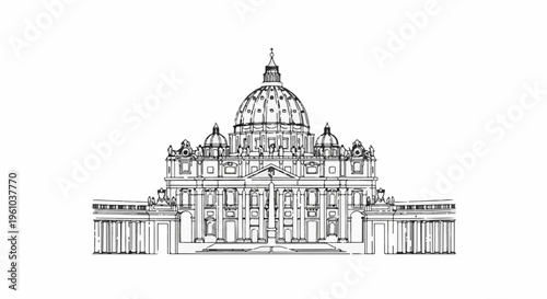 Elaborate sketch of a grand domed building with colonnades and multiple towers