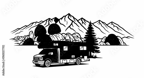 Black and white illustration of an RV parked by a pine tree with mountains behind
