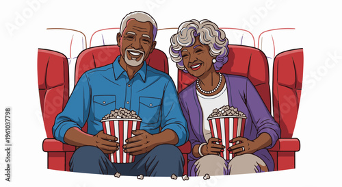Elderly Black couple happily enjoying popcorn at the cinema