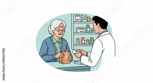 Elderly woman receives medication from a pharmacist in a drugstore