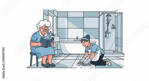 Elderly woman reads while cleaner scrubs the bathroom floor