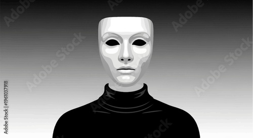 Person wearing white mask and black turtleneck on gradient background with anonymous expression