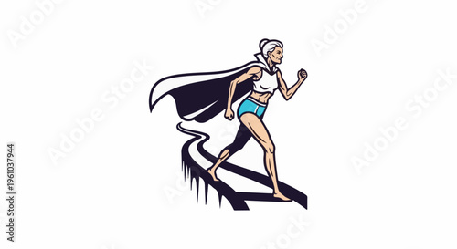 Elderly woman with superhero cape running on a road