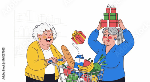 Elderly women shopping for groceries and gifts with joy
