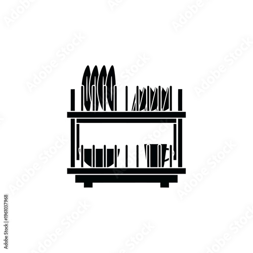 Black and white dishware storage unit.