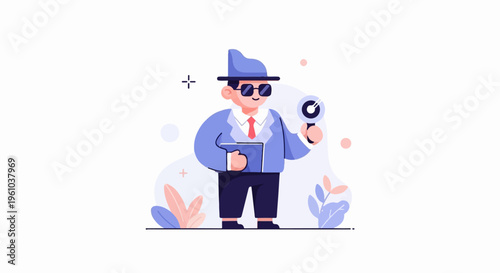 Cartoon detective in hat, sunglasses, suit, holding magnifying glass and folder