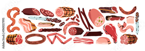 Different kinds of meat products set. Tasty sausages, beef steak, chop, pork and chicken wieners, ham. Fresh grocery, food for barbecue. Flat isolated vector illustrations on white background.