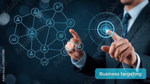 Businessman pointing to a targeting interface with a network of people icons
