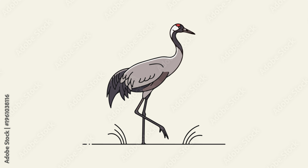 Fototapeta premium Elegant grey crane with red head marking walks gracefully in light grass