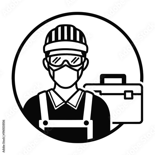 Worker in protective gear with toolbox safety equipment and face mask