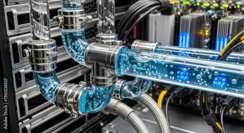 Close-up of a computer's liquid cooling system with blue tubes and metal components.