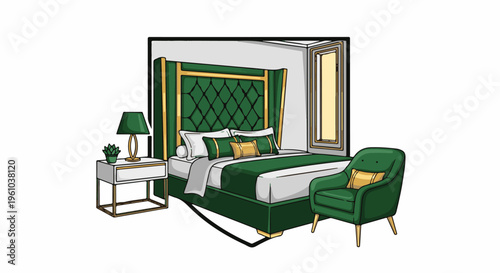Elegant green tufted bed with gold accents and matching armchair