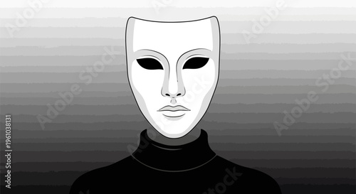 Person wearing white mask with black eyes and turtleneck sweater standing alone in grayscale background with horizontal lines