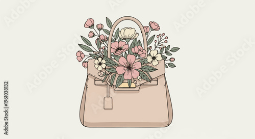 Elegant light brown handbag adorned with a vibrant floral arrangement