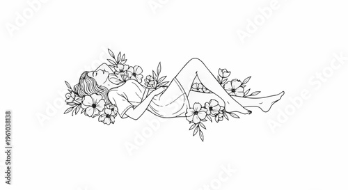 Elegant line art depicts a woman resting among lush flowers, serene repose
