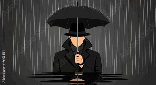 Man in black coat and hat holding umbrella on rainy day with puddles and dark background