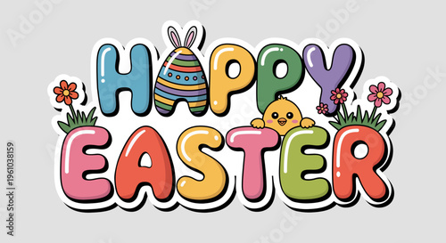 Happy Easter sticker. Colorful happy easter calligraphy lettering with bunny ears. Easter sticker for holiday greeting cards, banners festive posters and seasonal t-shirt designs.