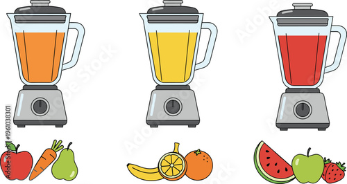 Cartoon blenders with fruits and vegetables making colorful smoothies in vector illustration of healthy food and drink