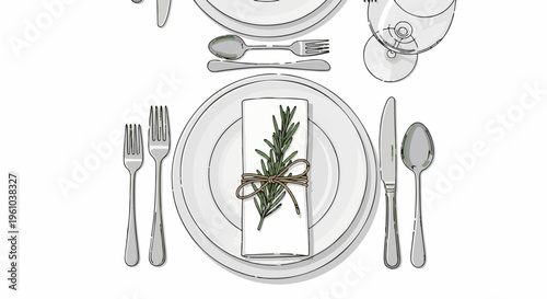 Elegant table setting with rosemary garnish on a napkin