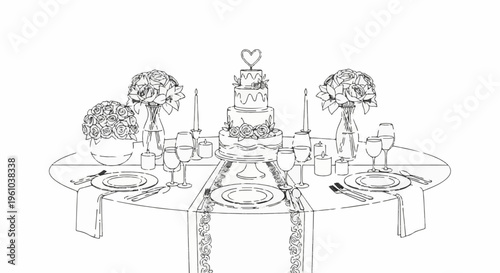 Elegant wedding reception table setting with tiered cake, floral arrangements, and glassware