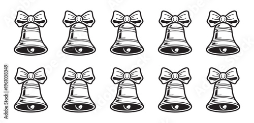 Vintage Christmas bell with bow line art illustration set for holiday greeting cards and festive decoration.